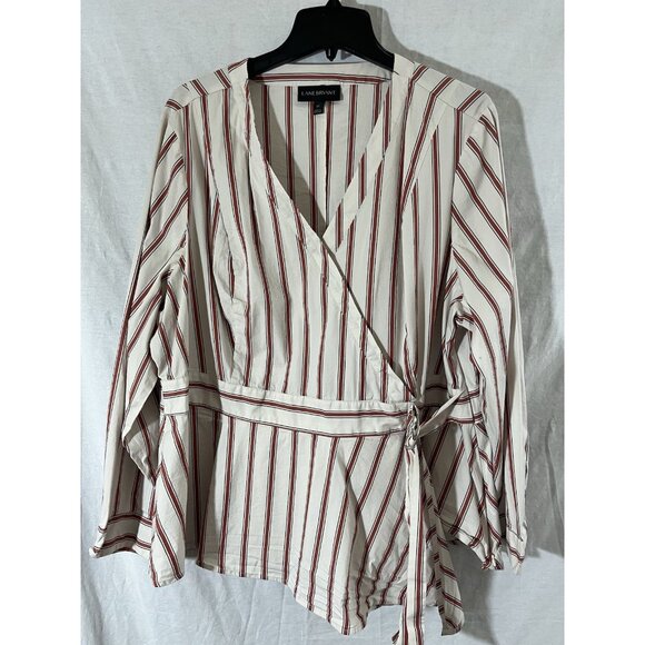 Lane Bryant Women's Size 22 Rust White Striped Faux Wrap Long Sleeve Blouse - Picture 1 of 9